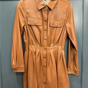 Button-Front Faux Leather Shirt Dress in Cognac